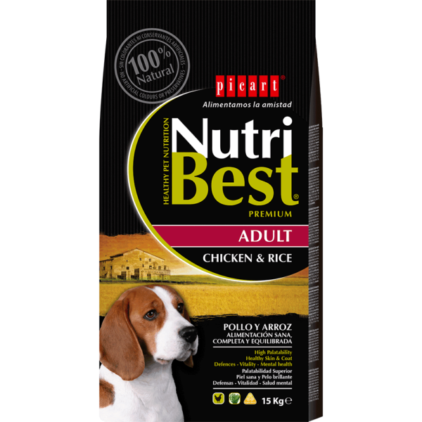 NutriBest Adult Chicken & Rice es un alimento Premium formulado por nuestros expertos en nutrición y veterinarios para que tu perro crezca sano y vital y disfrute de una salud óptima. Contiene Algas Marinas del Atlántico Norte para una piel y un pelo sanos y cuidados
