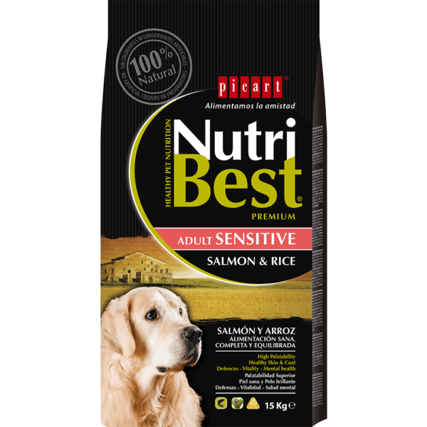 NutriBest Adult Sensitive con Salmón y Arroz está indicado para perros con sensibilidades alimentarias, digestiones difíciles, estómagos sensibles, etc. Alternativa a las dietas con pollo o cordero.