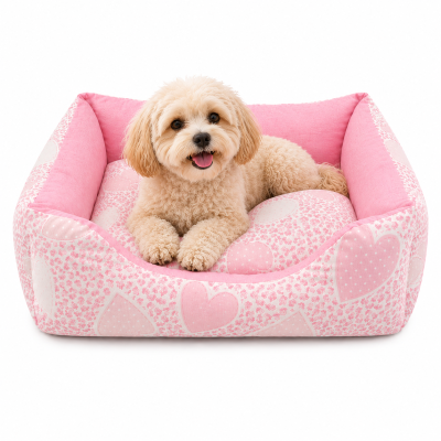 MASCOTAS DAMA Cuna Cuadrada Acolchada Corazones 70x60x14 cm para perros fabricada en España.