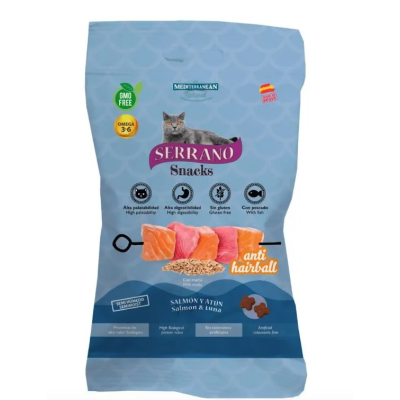 Serrano Snack Gato Anti hairball Salmon y Atun 50 Gr para gatos